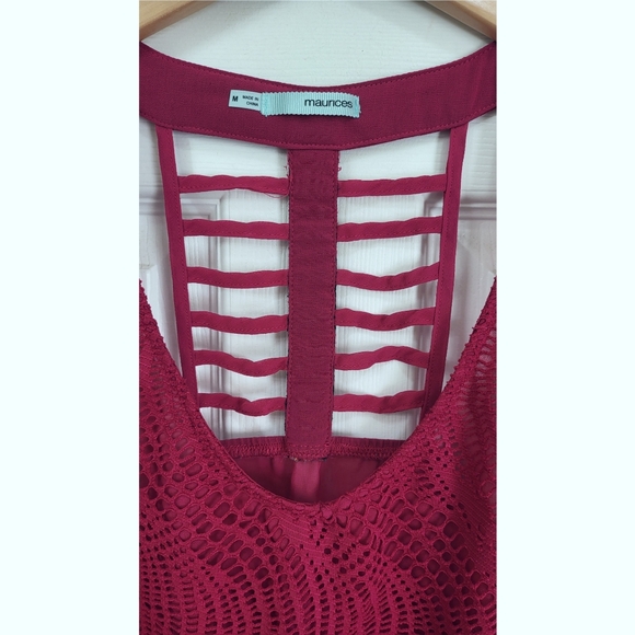🌿Maurices Women's Medium Burgundy Lace Brocade Racerback Lattice Sleeveless Top - Picture 5 of 12